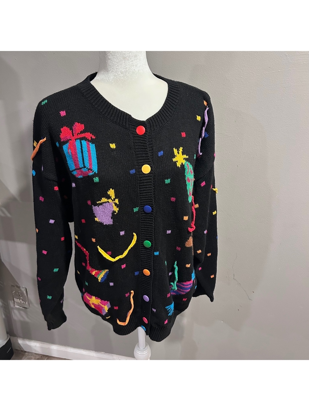 Vintage Susan Bristol Party Sweater 1991 Cardigan Grandma Core 3D Confetti Large